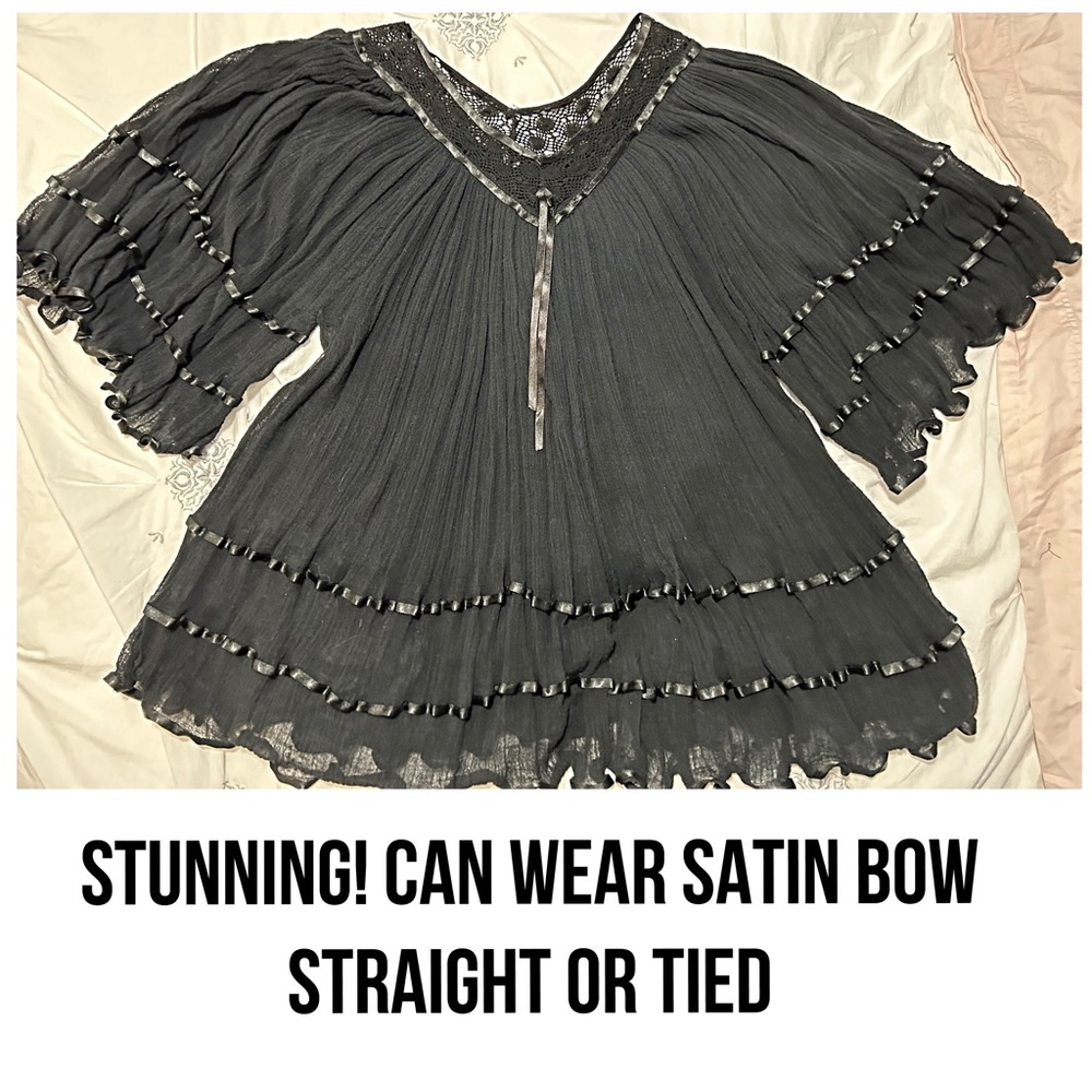 NWOT Elan Anthropology, Black Mesh, Ribbon Detail Semi Sheer Boho Top / Cover Up - Picture 5 of 10